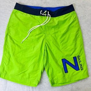 Nautica Sailing Swim Trunks Mens Medium 33 Board Shorts Lime Green Navy Blue